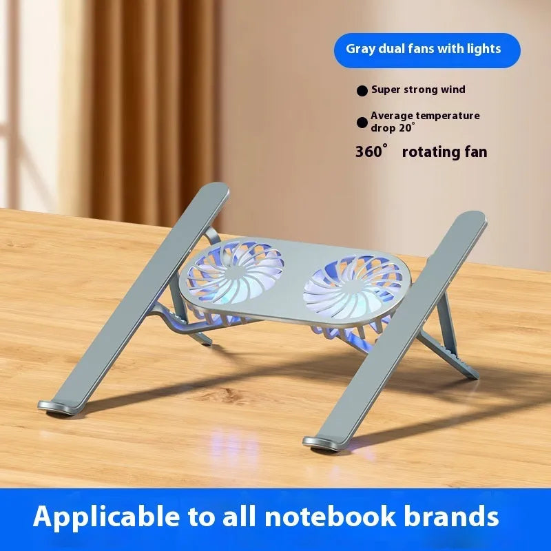 Aluminium alloy laptop cooling stand with dual fans and adjustable height mechanism, shown in silver colour