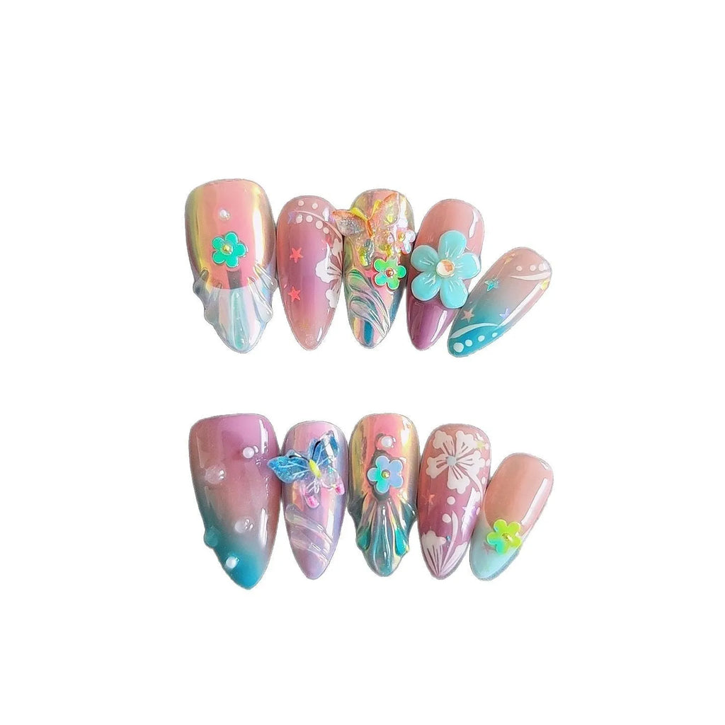 Handmade colourful sculpture manicure set with embossed flower and butterfly designs for gel nail art