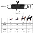 Black Oxford cloth dog harness with adjustable leg support shown in size options L, M, XL, XXL