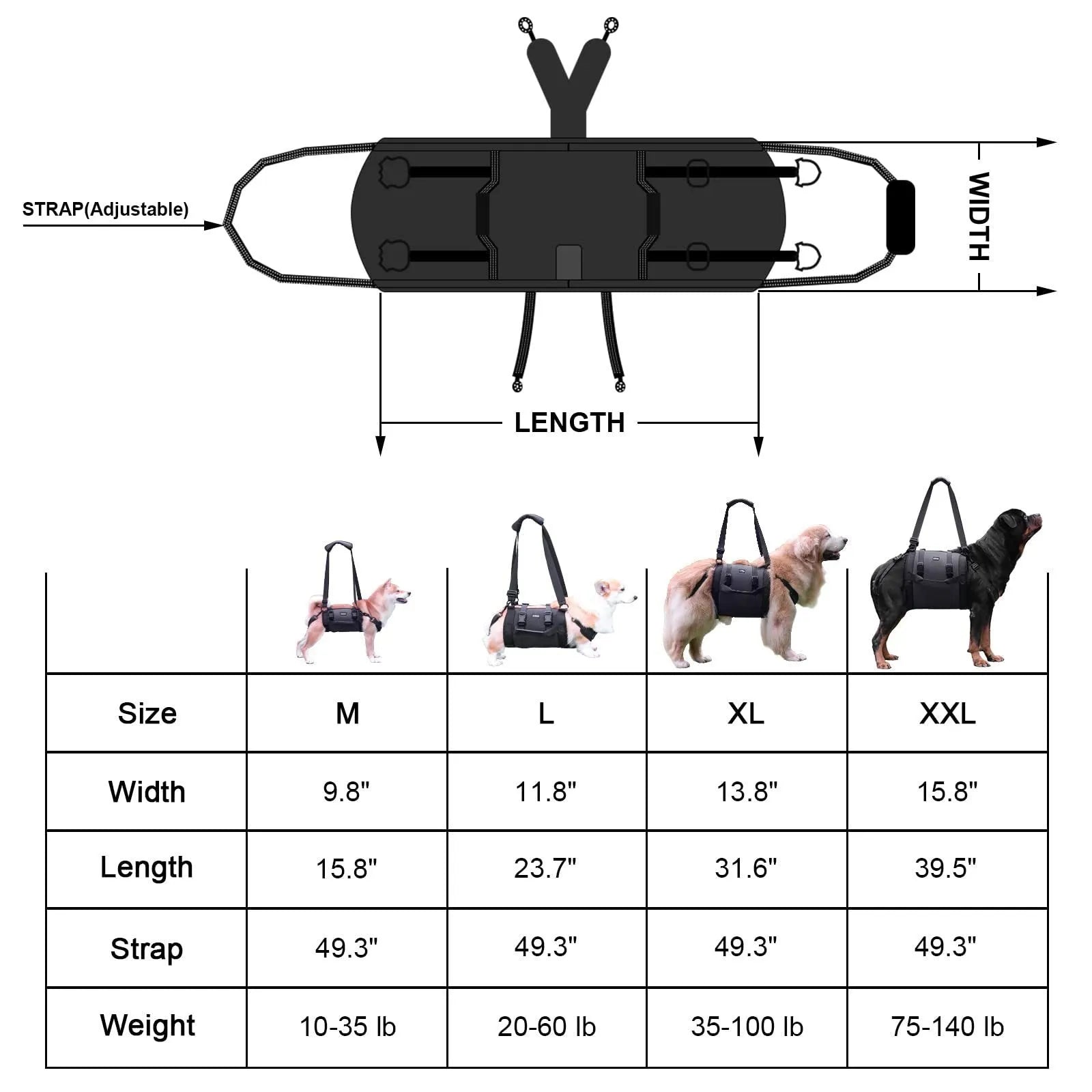 Black Oxford cloth dog harness with adjustable leg support shown in size options L, M, XL, XXL