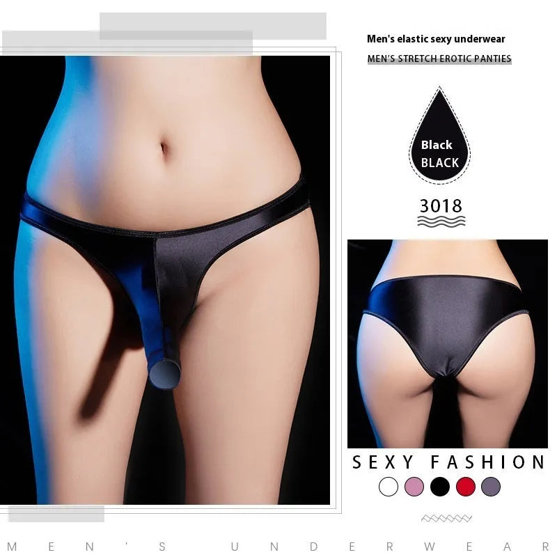 Men's low-waist T-back underwear in shiny nylon fabric, shown in multiple colour options.
