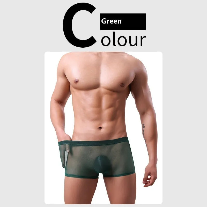 Men's mesh boxer briefs in thin sheer polyester fabric showing low waist design and breathable construction