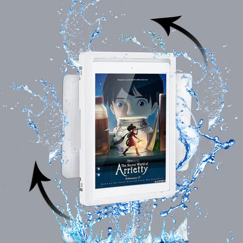 White waterproof phone holder mounted on bathroom tile with phone inside showing touch screen access