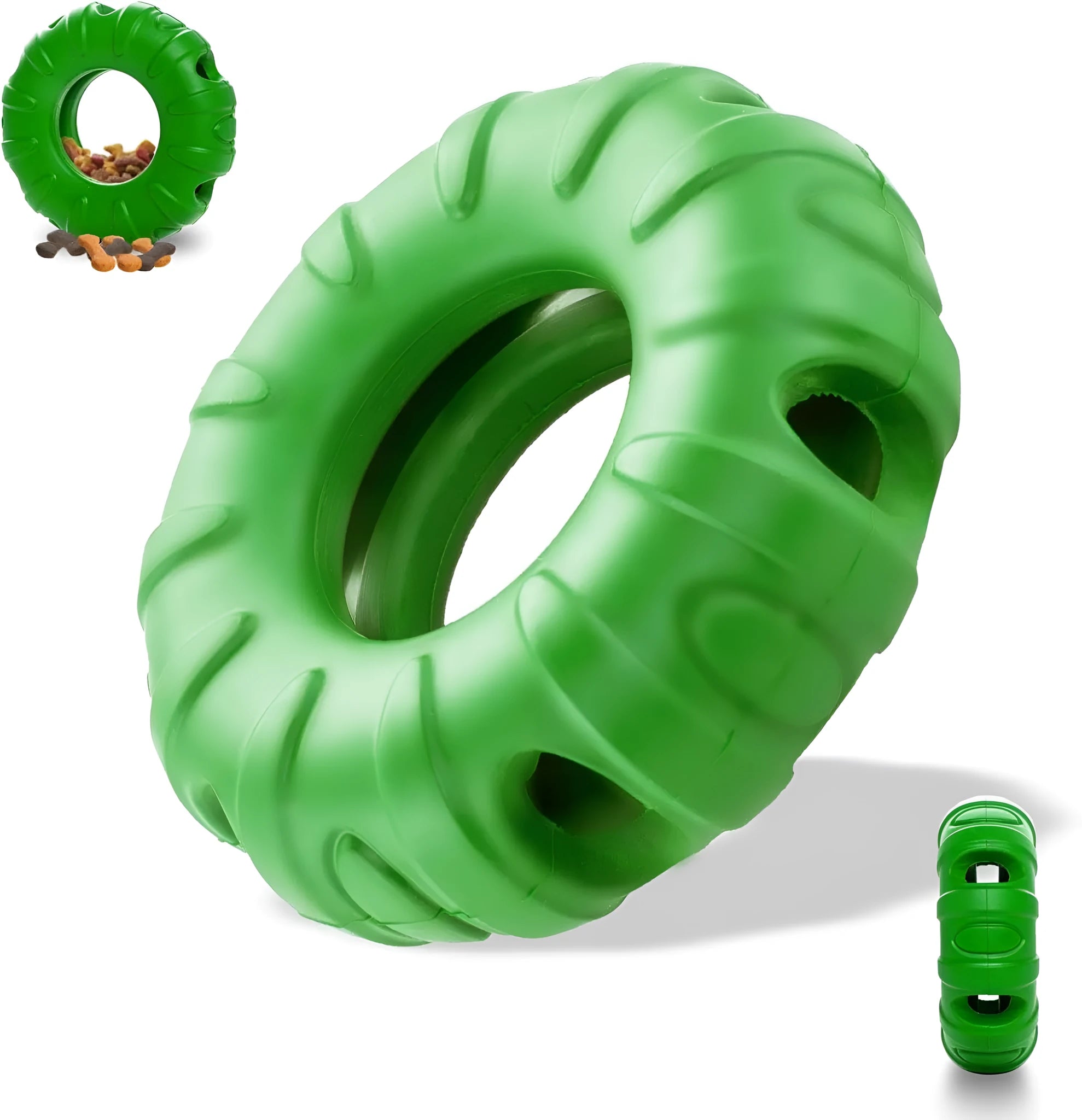 Blue rubber tyre-shaped dog chew toy with oval openings for treat dispensing