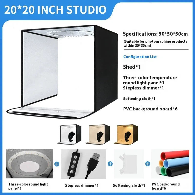 50cm studio light box with USB-powered three-colour LED lighting for product photography