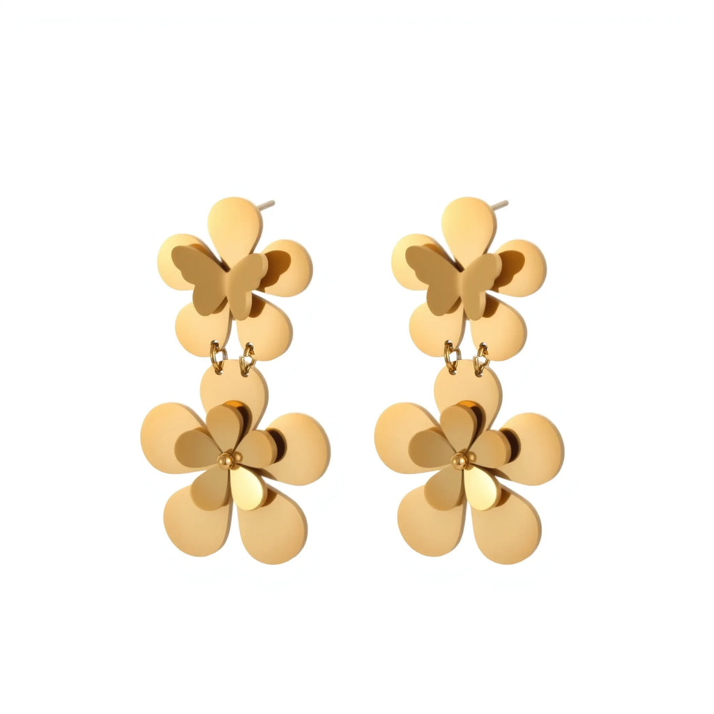 Gold electroplated stainless steel flower butterfly earrings for women with geometric zodiac design