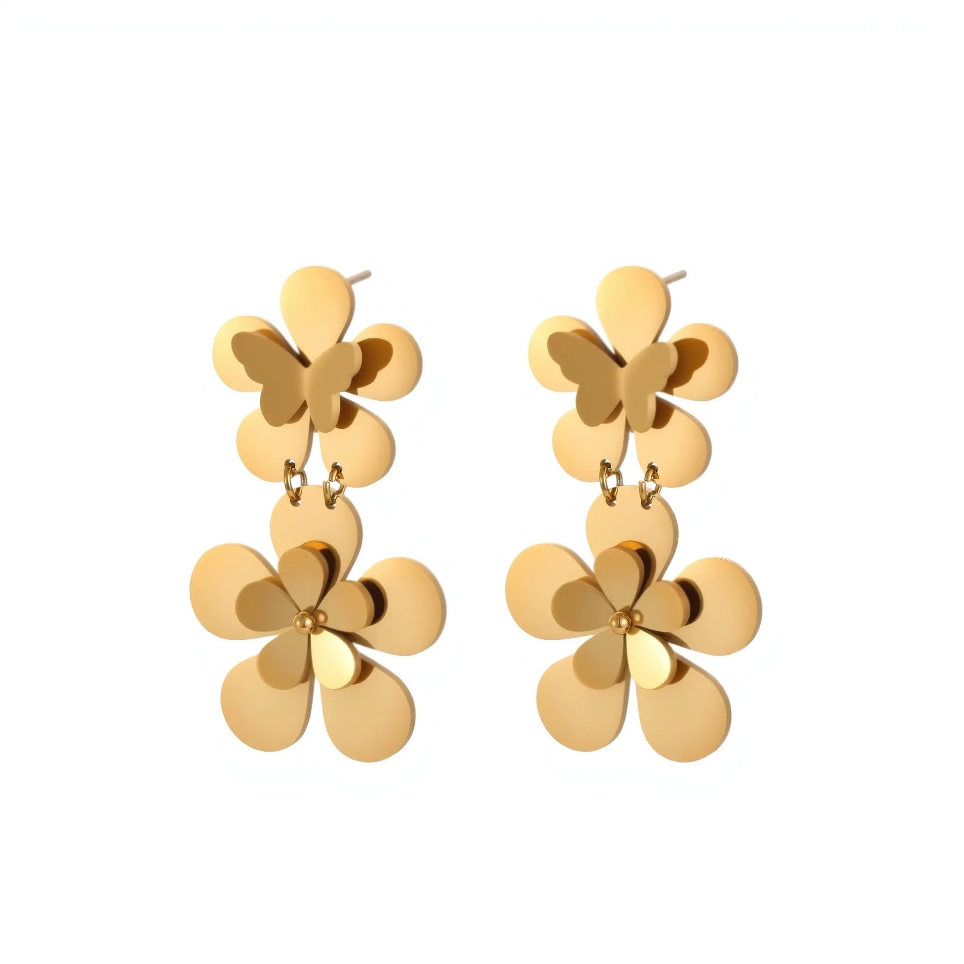 Gold electroplated stainless steel flower butterfly earrings for women with geometric zodiac design