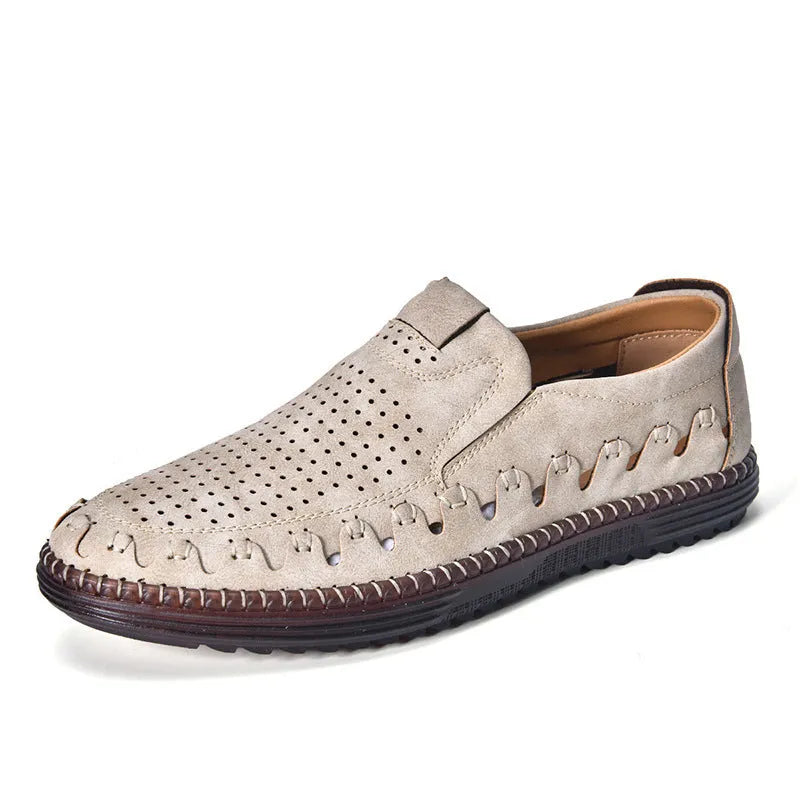 Men's brown slip-on casual shoes with round toe cap and hollowed-out sewing line detailing