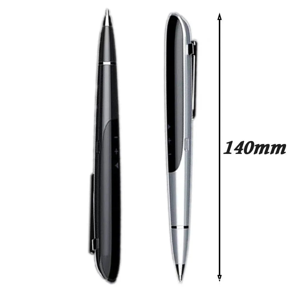 Black and silver recording pens with display screens, showing capacity options and included headphones and cable.