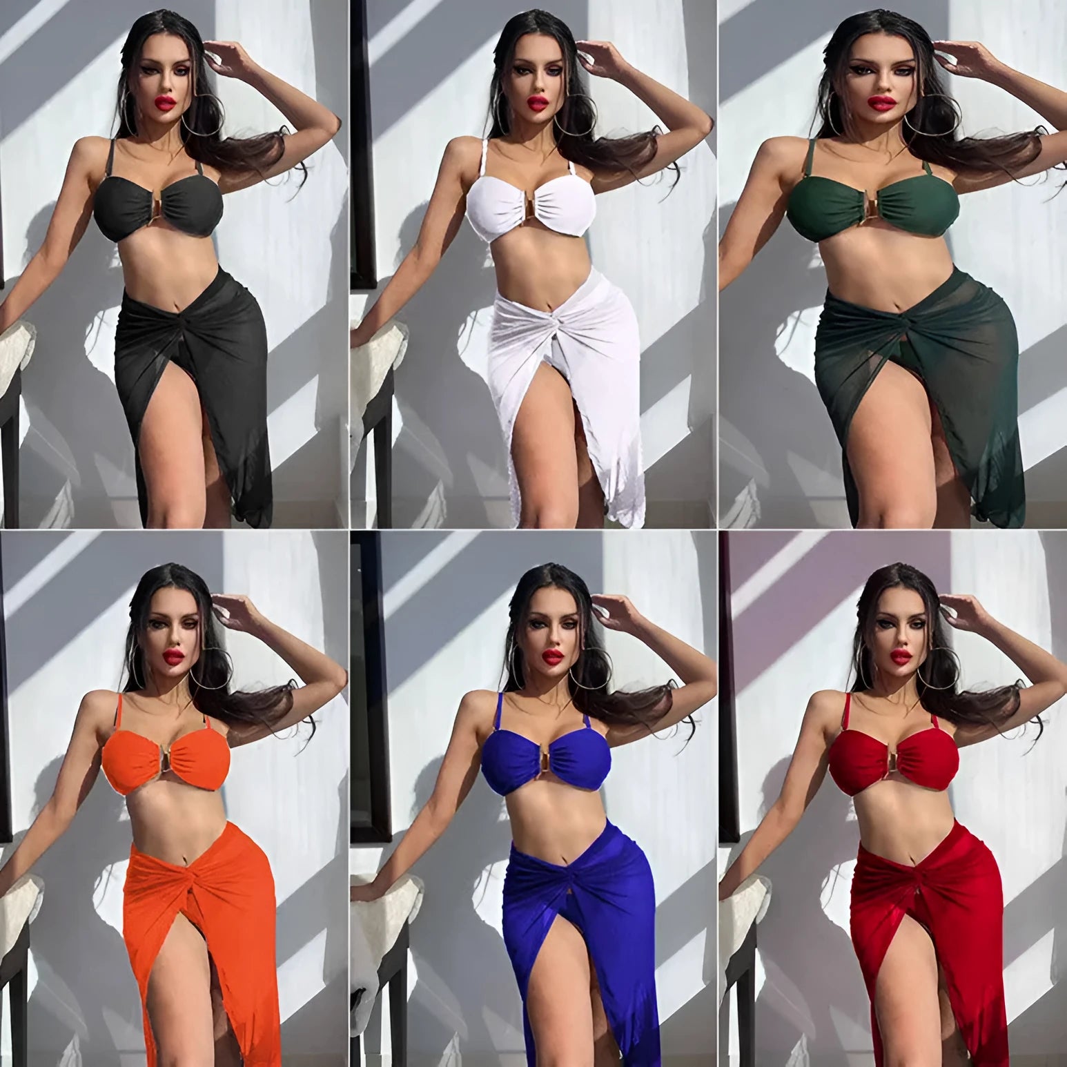 Women's multicolour French-style three-piece bikini set with a long culotte skirt on a hanger.