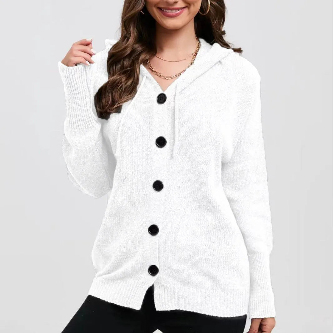 Women's thick cotton hooded cardigan sweater in loose fit solid colour