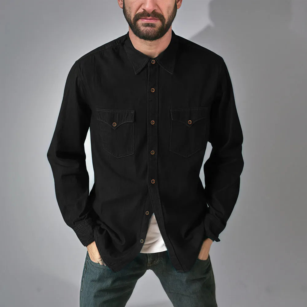 A cotton denim cardigan coat on a hanger, shown in a regular fit.