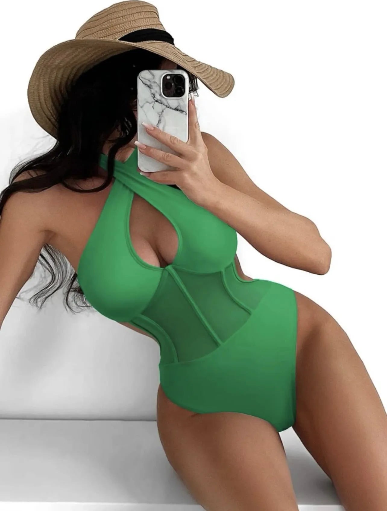 Women's black one-piece swimsuit with spun yarn construction in nylon-spandex blend for swimming