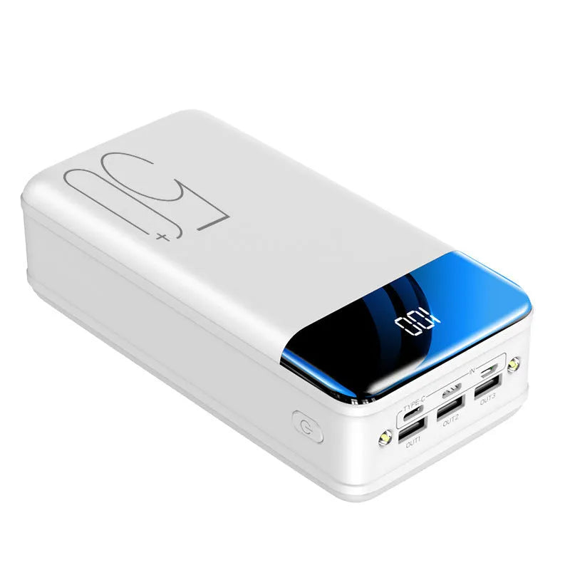 Large black or white 50000mAh power bank with three charging ports showing dimensions 169x83x52mm