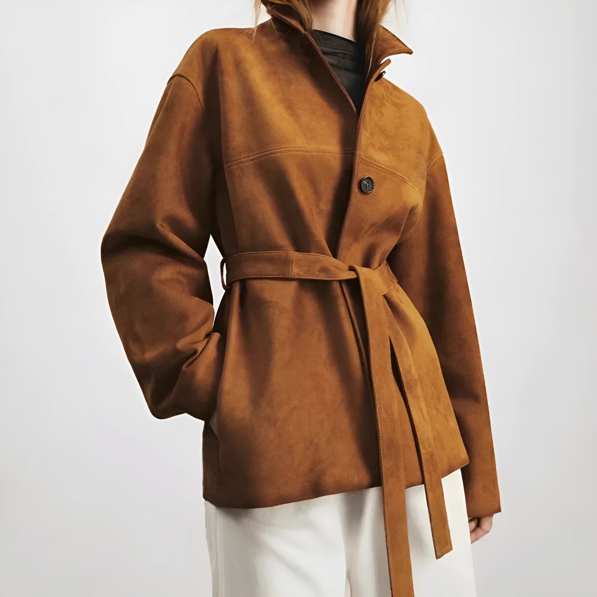 Women's caramel mocha cashmere coat with Peter Pan collar and leather belt in art retro style