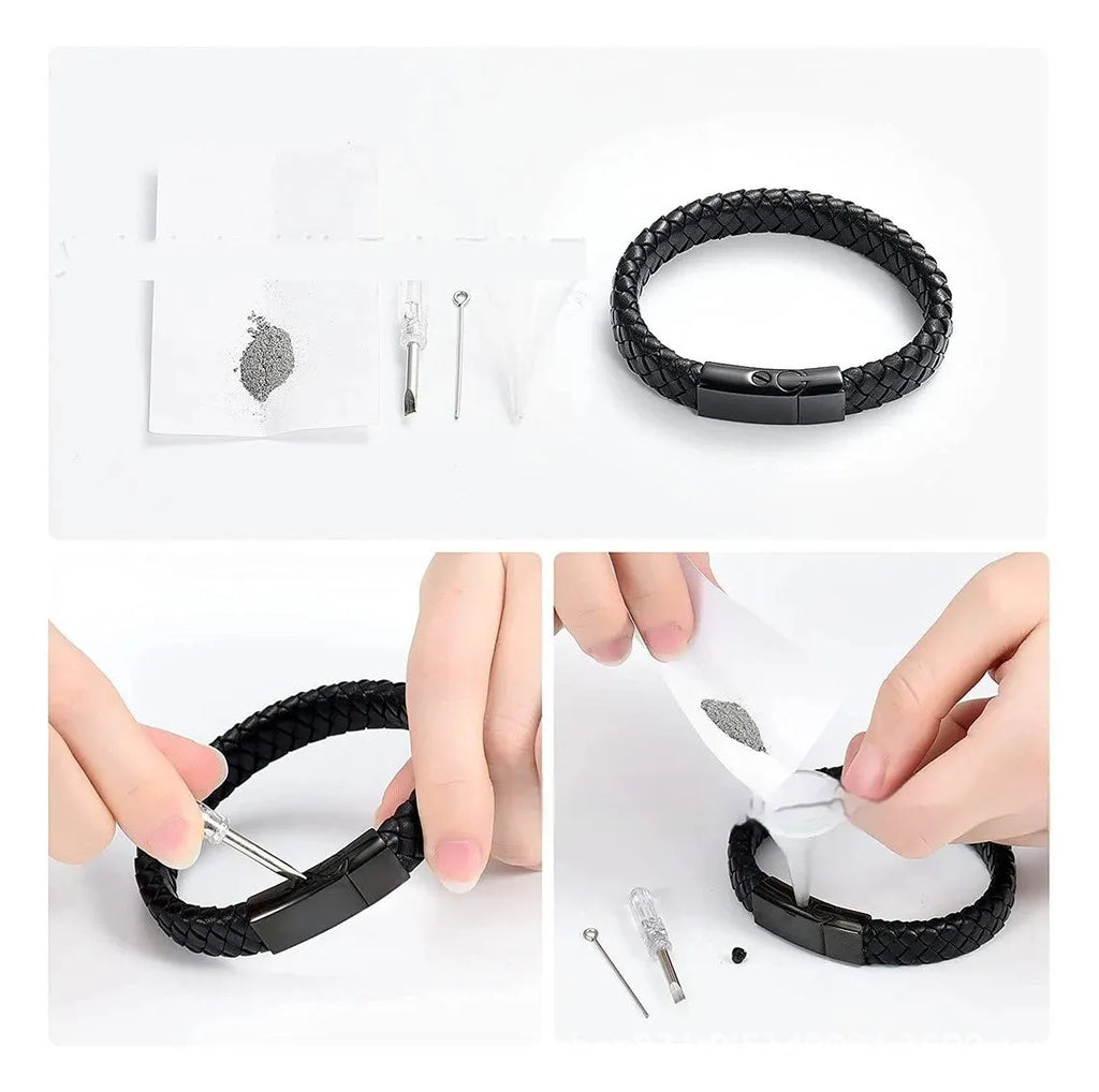Black leather and stainless steel casket bracelet for memorial ashes with personalised engraving
