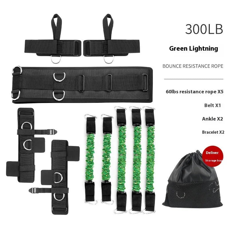 Fitness chest expander elastic belt with red, blue, black, and green resistance sleeves on a TPE tube.