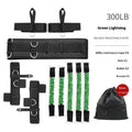 Fitness chest expander elastic belt with red, blue, black, and green resistance sleeves on a TPE tube.