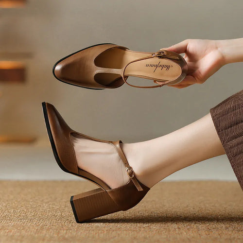 Retro pointed-toe women's Mary Jane shoes with a hollow design and buckle strap in pink or dark brown.