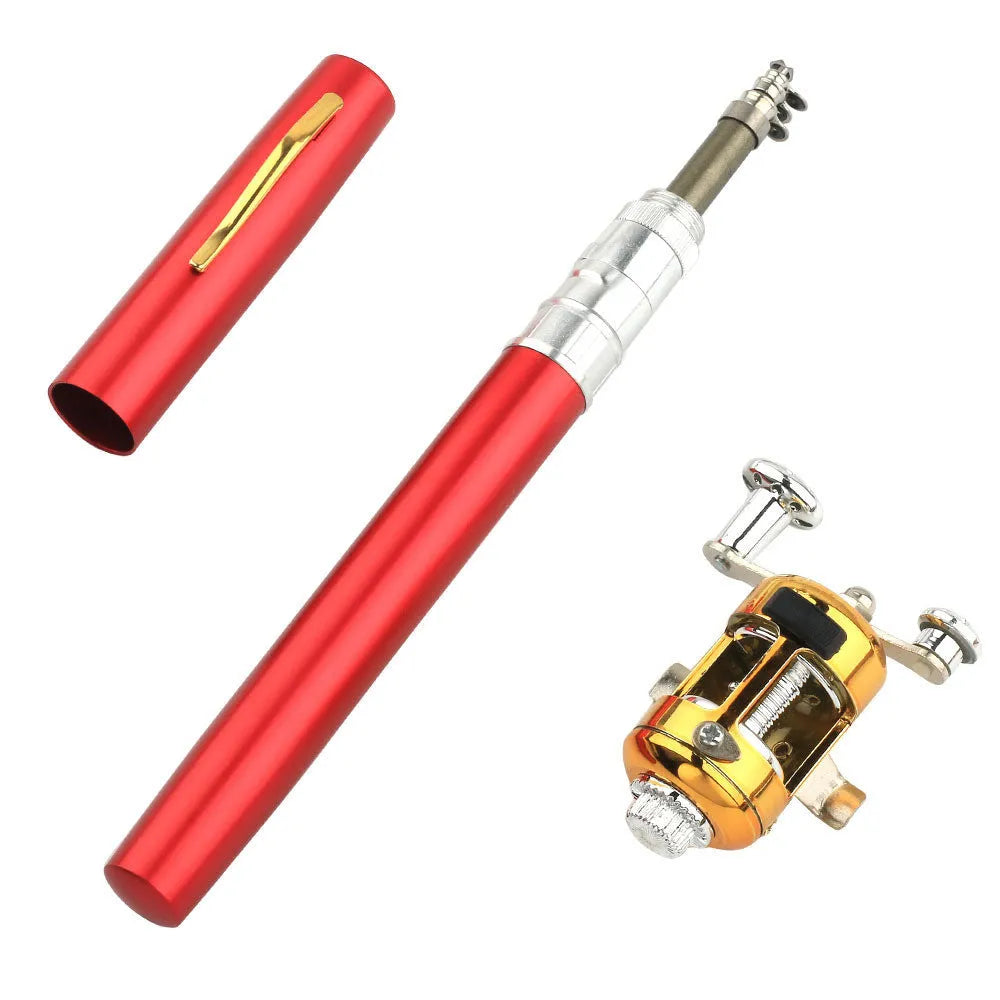 Portable telescopic fishing rod and reel kit collapsed in aluminium pen case with colour options displayed