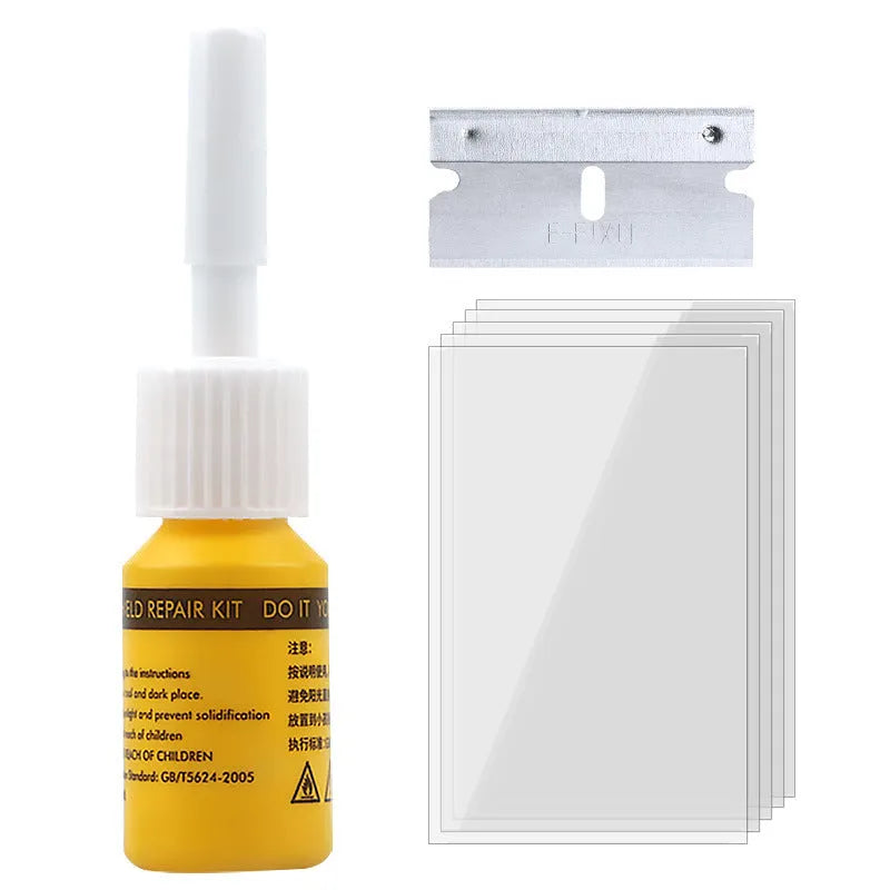 Yellow three-piece car windshield repair agent tool set with applicator and curing tools.