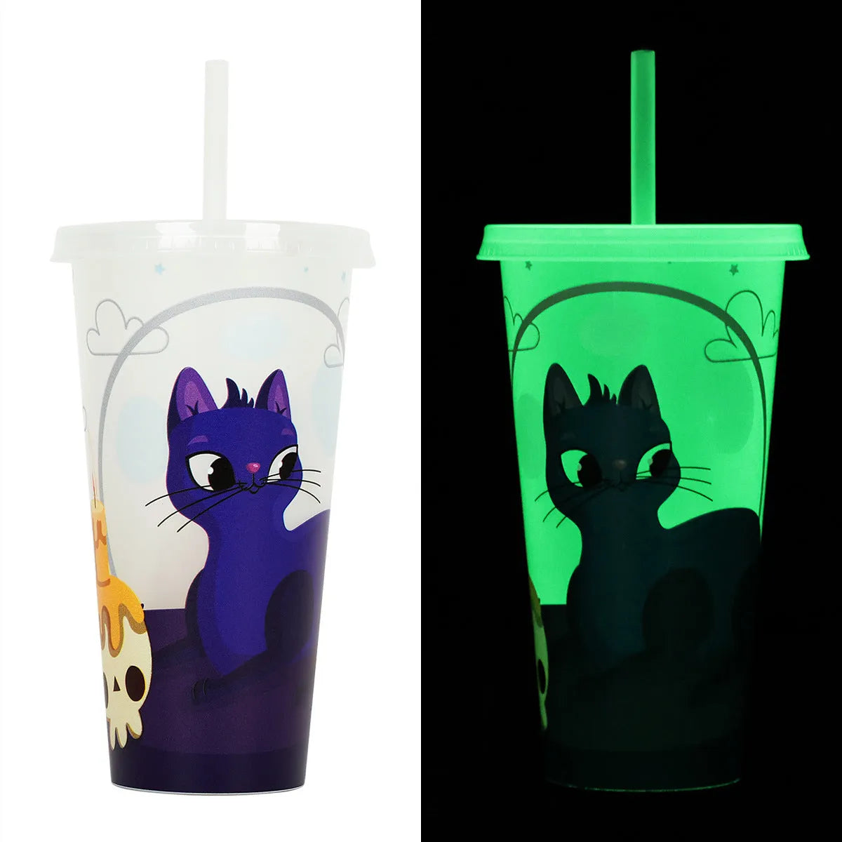 Halloween-themed plastic sippy cup with luminous straw showing six colour options
