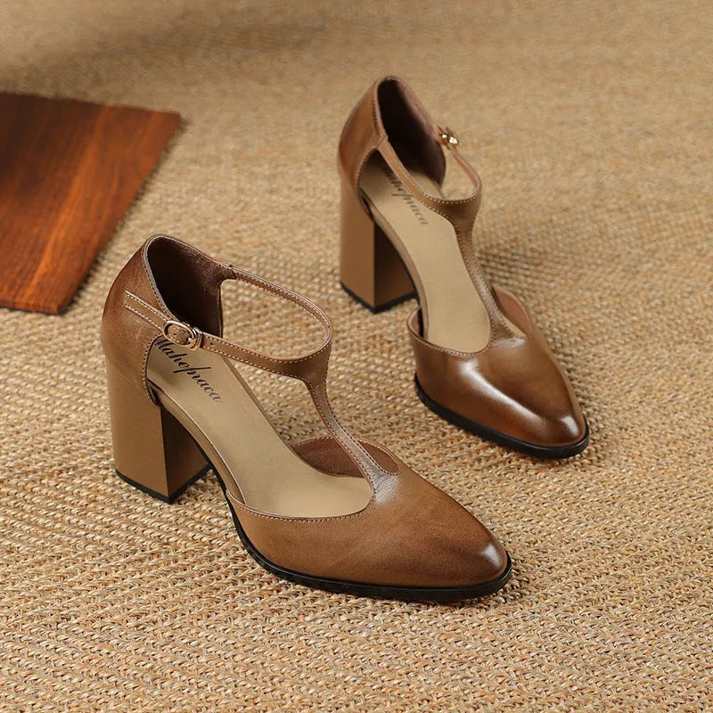Retro pointed-toe women's Mary Jane shoes with a hollow design and buckle strap in pink or dark brown.