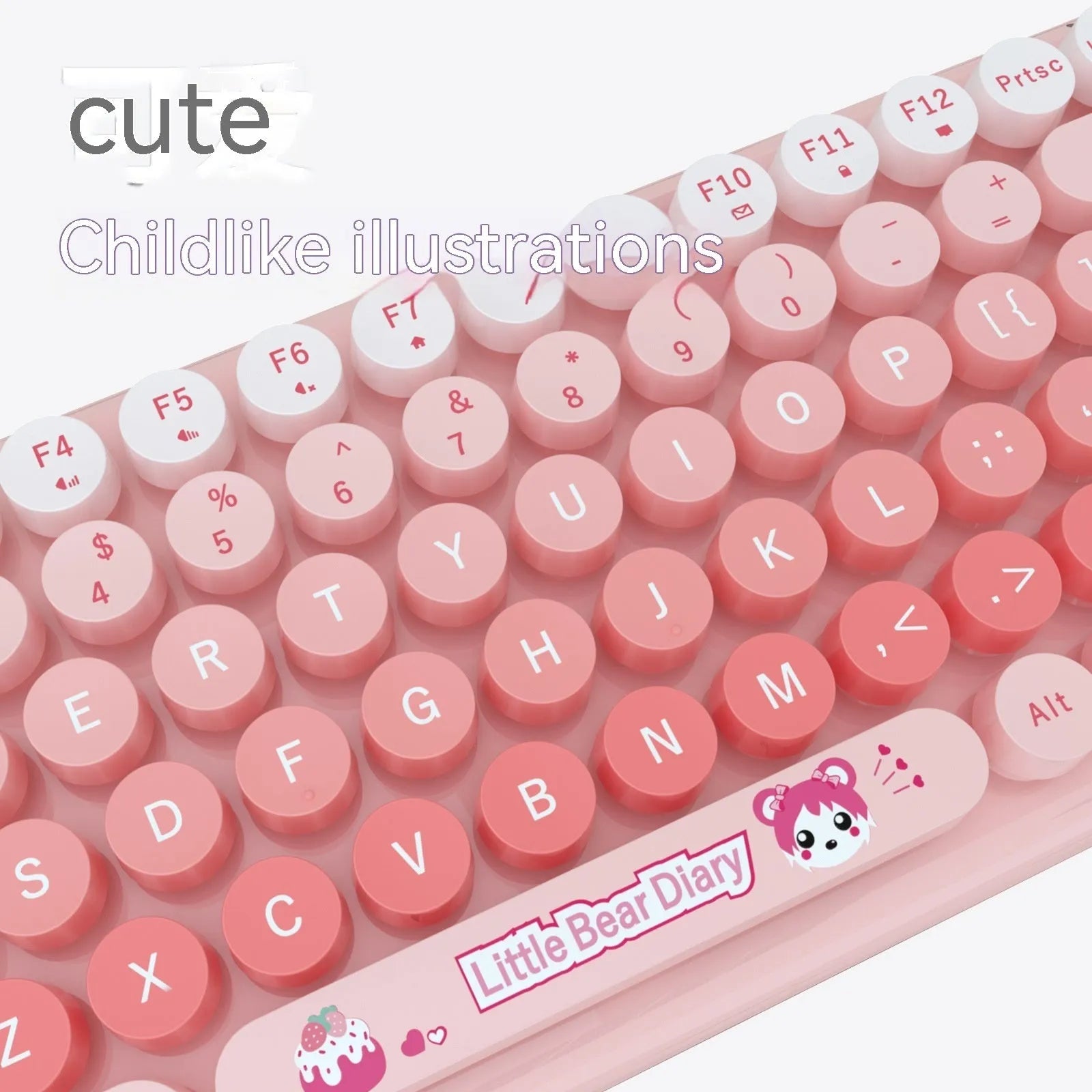 Candy pink wireless keyboard and mouse set with compact cartoon-style design on a desk.