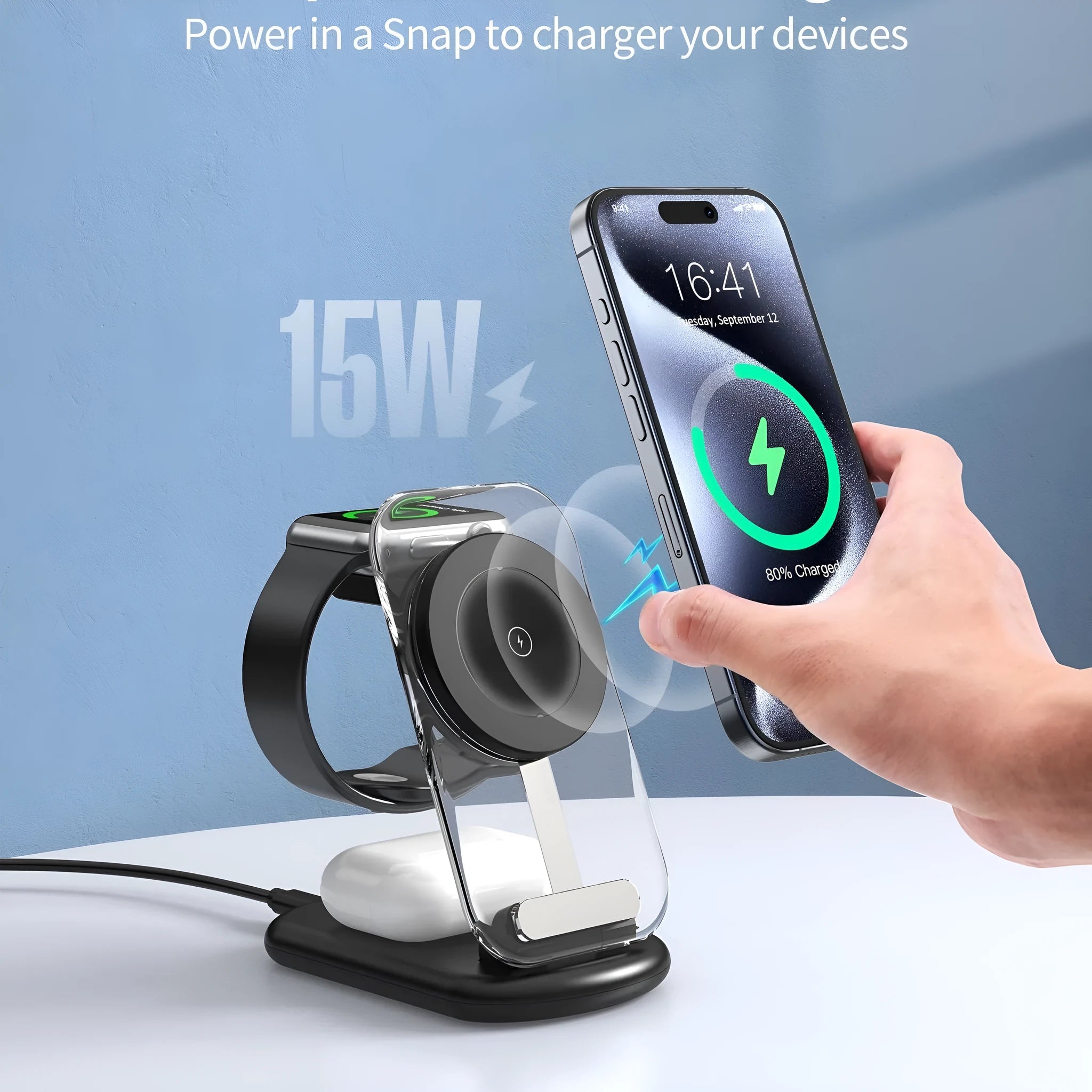Transparent folding magnetic three-in-one wireless charger for iPhone, AirPods and Apple Watch