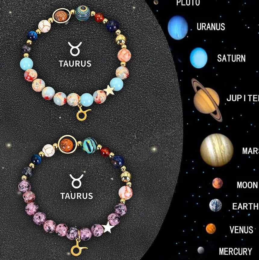 Two natural stone beaded bracelets showing zodiac sign designs for all twelve astrological symbols