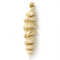 Golden straight synthetic hair weft wig for women shown in three length options.