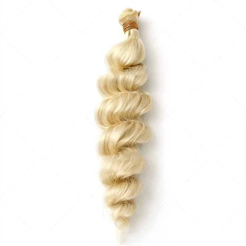 Golden straight synthetic hair weft wig for women shown in three length options.