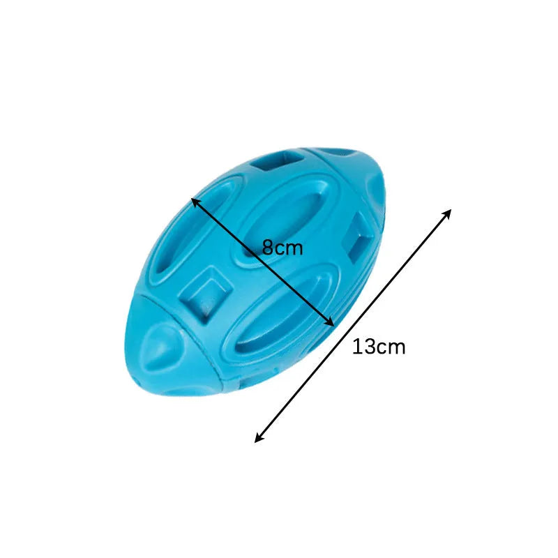 Blue natural rubber squeaky dog chew ball with surface grooves for medium and large breed dogs