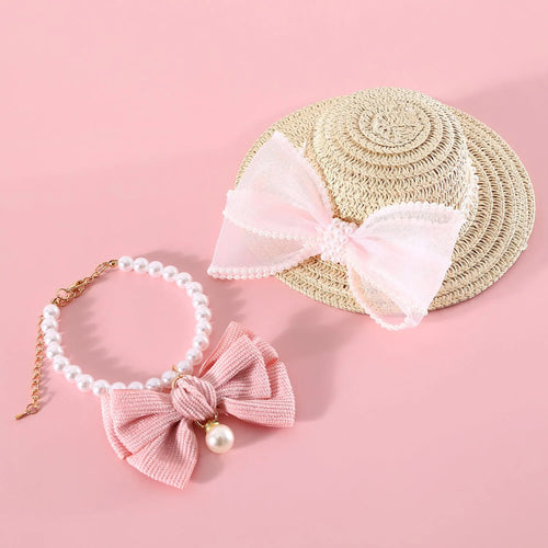 Princess-style cat hat with decorative pearl butterfly bow, woven from Lafite leaves.