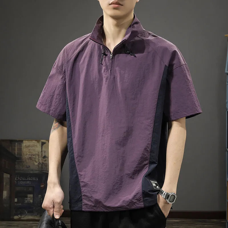 Men's brown half-zip stand collar shirt with short sleeves and loose fit summer design