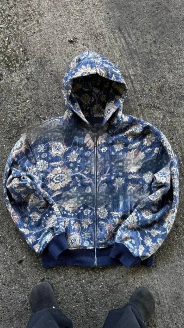 Men's loose hooded coat in red with digital printing youth casual style for autumn leisure wear