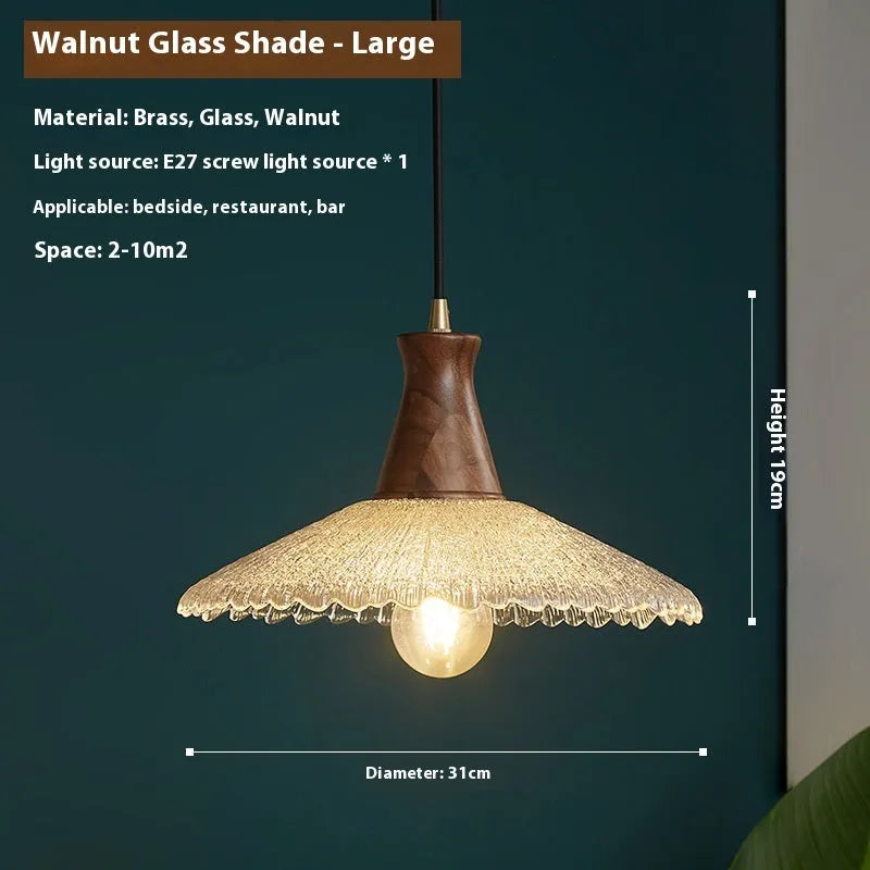 Retro brass and glass ceiling chandelier with wooden body for restaurant lighting