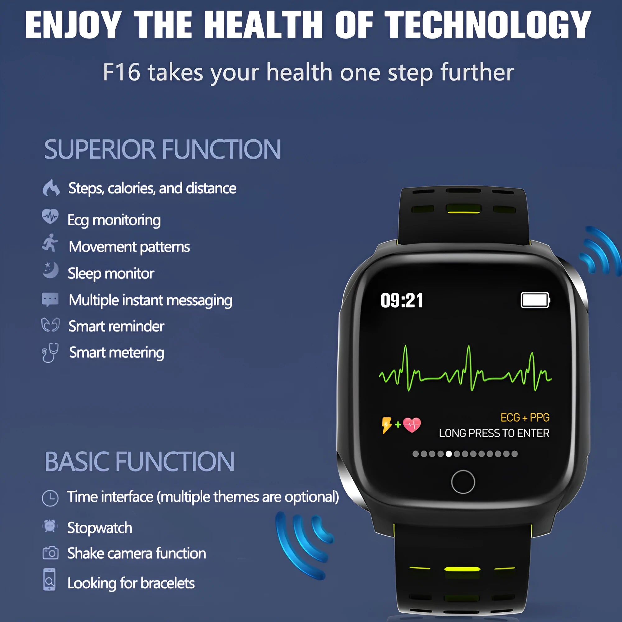 F16 smart watch with ECG monitor on black grey silicone wristband showing blood pressure display