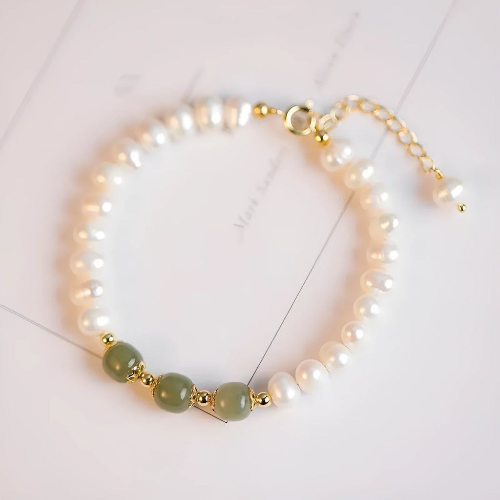 Diamond-shaped freshwater pearl bracelet in electroplated Hetian jade colour, Korean style design.