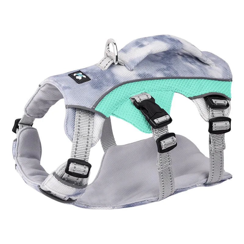Reflective blue polyester chest strap harness for dogs on a lead, showing adjustable fit.