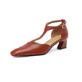 Wine red sheepskin leather shoes with square toe and chunky heel, showing buckle fastening