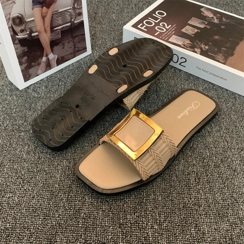 Women's apricot casual flat slippers with a PVC sole on a plain background.