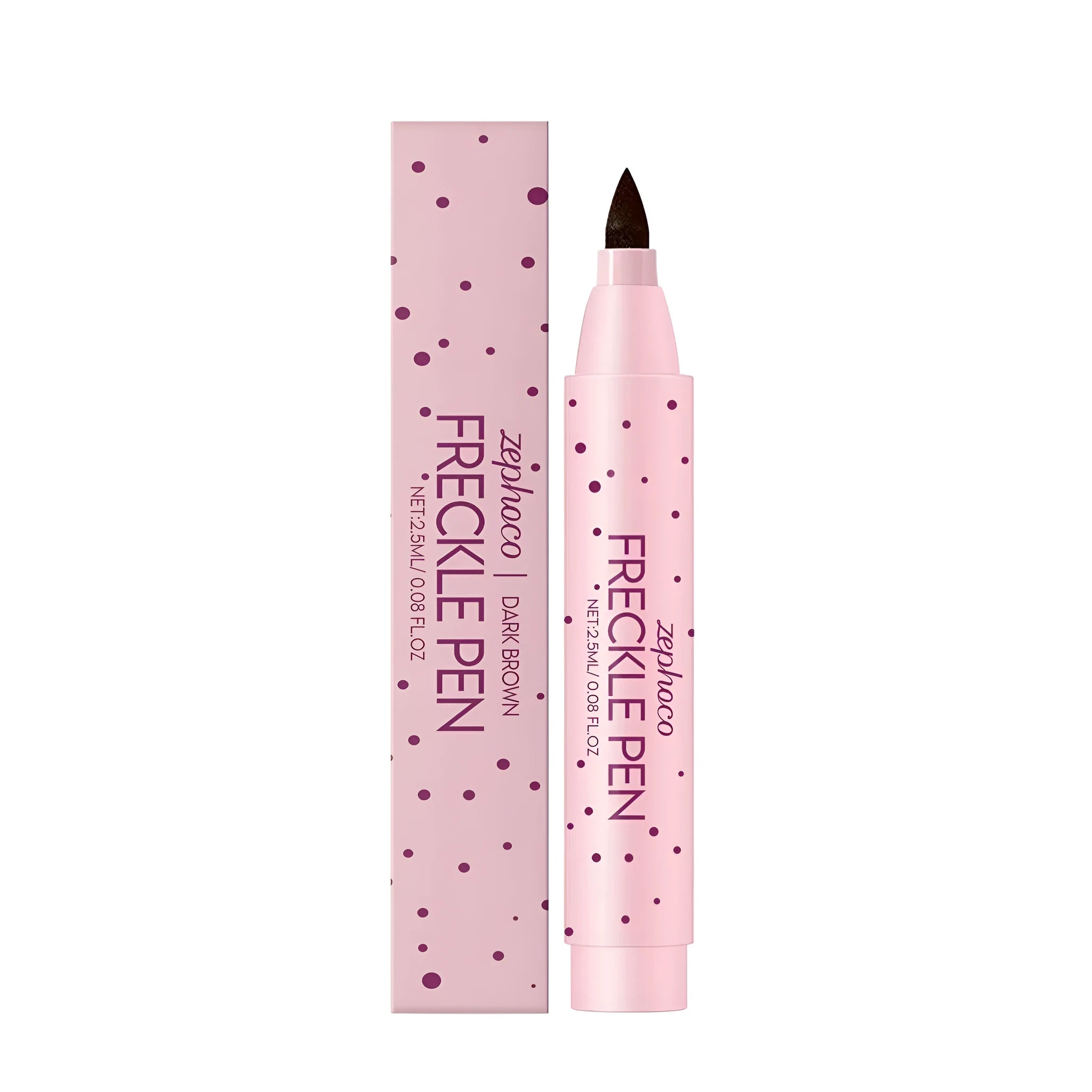 Cosmetic freckle pen for creating natural-looking freckles and beauty spots in dark brown or light brown.