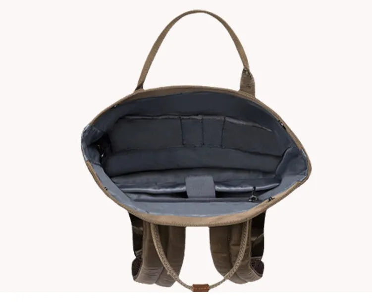 Casual black polyester backpack with cover opening showing internal computer pocket and zipper compartment