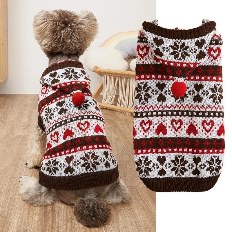 Pink, blue, and grey striped camouflage pattern acrylic knitted dog jumper on a small dog.