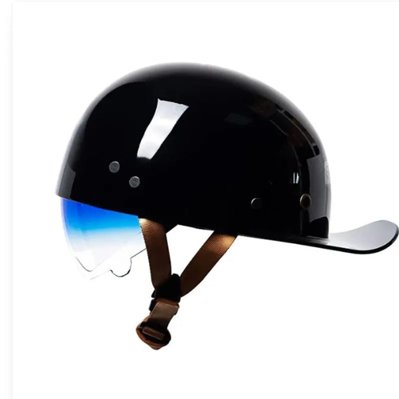 Retro-style electric bicycle half helmet for men in bright black with a gradient blue lens.
