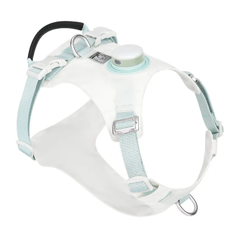Light purple dog chest harness with integrated LED light, showing adjustable nylon straps and buckle.