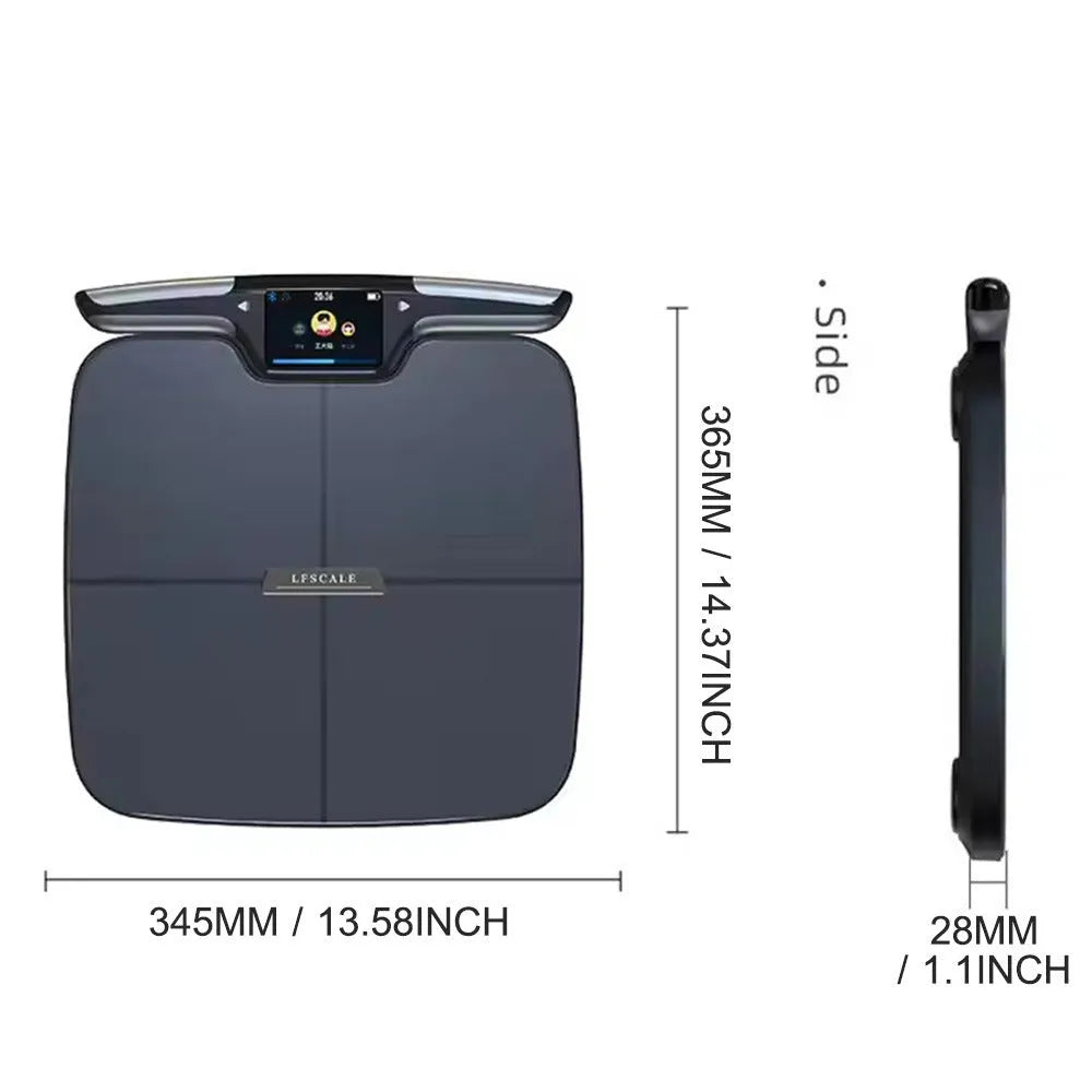 Black eight-electrode body fat smart scale on floor, showing tempered glass platform and stainless steel electrodes.