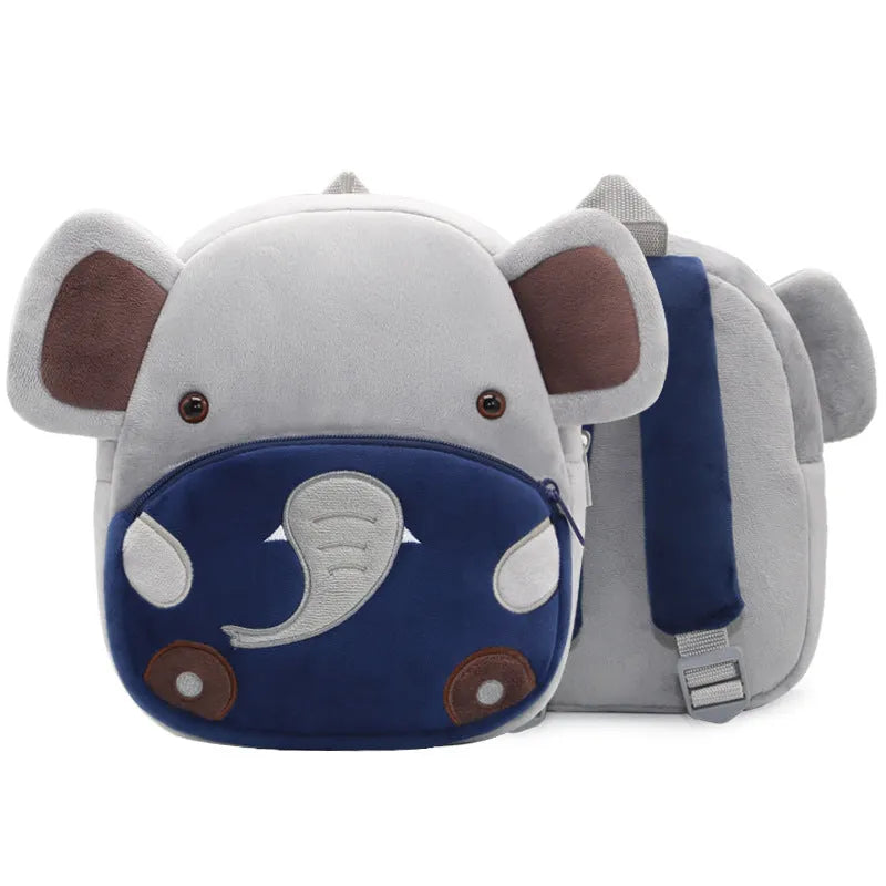Soft plush children's backpack in cartoon animal design, shown with zipper open, dimensions 26cm by 24cm.