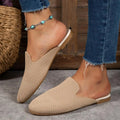 Casual mesh slip-on sandals with round toe, cloth upper and rubber sole in blue green or apricot colors for summer leisure